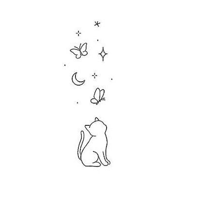 Cat Looking Up Tattoo, Cat And Stars Tattoo, Tattoo Ideas Cats, Minimalist Cat Tattoo, Cat And Dog Tattoo, Kitten Tattoo, Small Star Tattoos, Mom Tattoo Designs, Soya Mumu