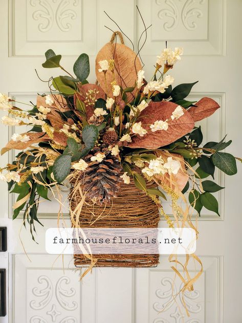 Front Door Hanging Basket, Door Hanging Basket, Front Door Baskets, Front Door Hanging, Fall Door Decor, Door Basket, Magnolia Leaf, Basket Wreath, Fall Door Hanger