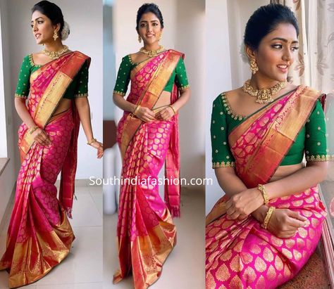 Eesha Rebba attended an event wearing a pink and gold Kanchipuram silk saree by CMR Shopping Mall paired with contrast green embroidered blouse by Vaishali. Traditional gold jewelry from Vibha Creations, nude makeup and pulled back gajra bun completed her look! Traditional Gold Jewelry, Gajra Bun, Pink Saree Blouse, Green Blouse Designs, Eesha Rebba, Pattu Saree Blouse Designs, Latest Model Blouse Designs, Traditional Blouse Designs, Bridal Attire