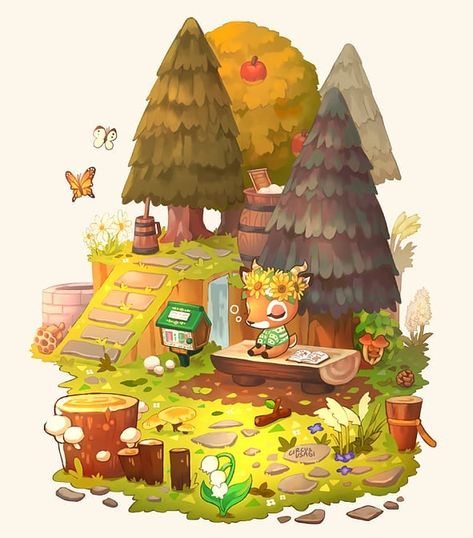 Kawaii Island, Drawing Backgrounds, Animal Crossing Fan Art, Island Theme, Animal Crossing Characters, Island Art, Environmental Art, Cute Gif, Cute Illustration