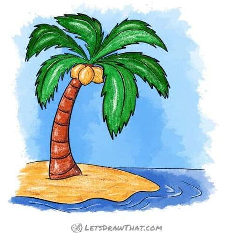 Learn how to draw a palm tree. In few simple steps, you will draw an awesome coconut palm tree standing on a small island beach. Pom Tree Drawing, Drawings Of Palm Trees, Beach Trees Drawing, Cartoon Palm Tree Drawing, How To Draw Coconut Tree, Coconut Tree Drawing Easy, Palm Tree Illustration Simple, How To Draw Palm Trees, Island Drawing Simple