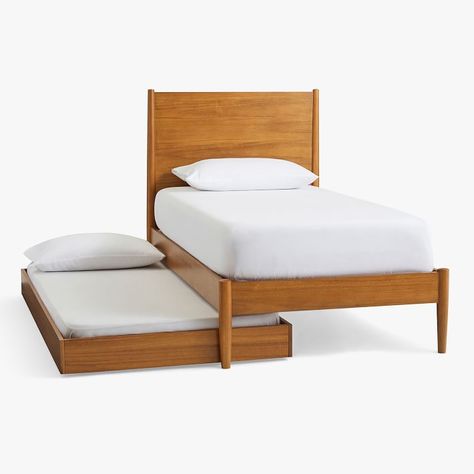 Mid-Century Twin Bed & Trundle | West Elm Trundle Bed Kids, Mid Century Daybeds, Mid Century Bed, Modern Kids Furniture, Trundle Mattress, Twin Trundle Bed, Mid Century Nightstand, Ups Delivery, Kids Loft Beds