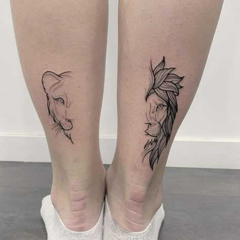 Couples Lion Tattoo, Tattoo Simplistic, Simplistic Tattoo, Lion And Lioness Tattoo, Match Tattoo, Tattoo Spine, Tattoo Leggings, Partner Tattoos, Couples Tattoo