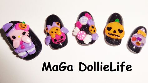 Some Halloween Hello Kitty Inspired 3D Nail Art :D Halloween Kawaii Nails, Gyaru Halloween, Sanrio Halloween, Halloween Hello Kitty, Kawaii Nails, Halloween Nail, 3d Nail, 3d Nail Art, Nail Art Inspiration