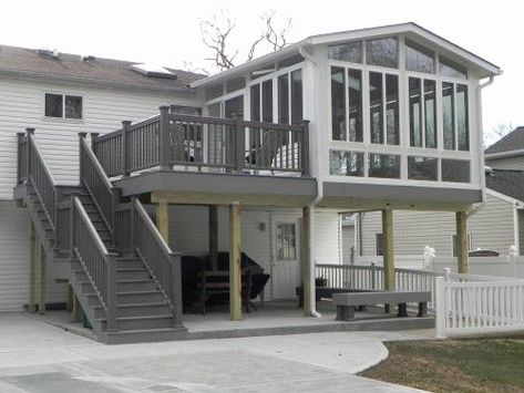 Second Floor Deck, Deck Addition, Second Story Deck, Screened Porch Designs, Four Seasons Room, Sunroom Addition, Sunroom Decorating, Building A Porch, Two Story House