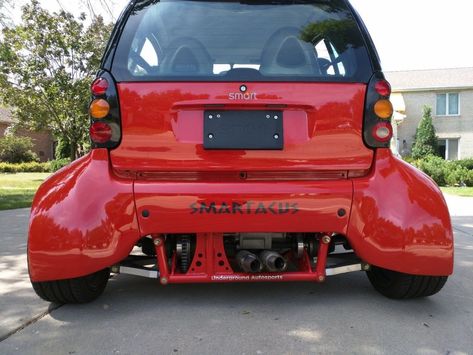 Smart Fortwo Smartacus with a Hayabusa inline-four Smart Car Body Kits, Smart Brabus, Schaumburg Illinois, Mercedes Smart, Car Conversion, Tiny Cars, Bike Engine, Car Camper, Suzuki Hayabusa