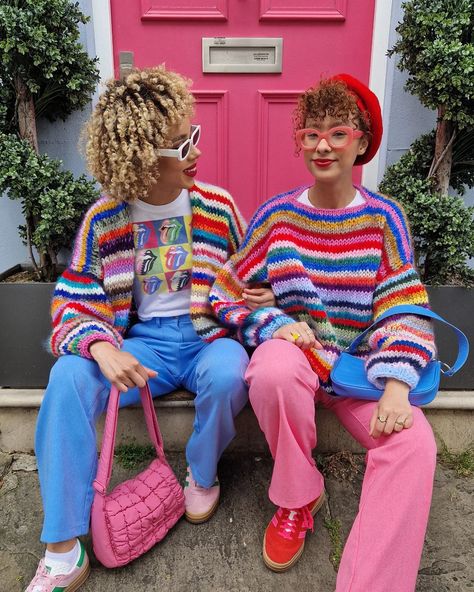 Can someone tell me why it's sweater weather in July?? 🌈 As much as we love our knitwear, I want to bask in the sunshine aha 🌞 #dopaminedressing #knitwear #sweaterweather #rainbowaesthetic #rainbow #colorfulwardrobe #matchingoutfits #londonstreetstyle #slowfashion Colorful Sweaters Outfit, Rainbow Sweater Outfit, Sweaters Outfit, Colourful Fashion, Colorful Wardrobe, Tell Me Why, Dopamine Dressing, Multicolor Sweater, London Street Style