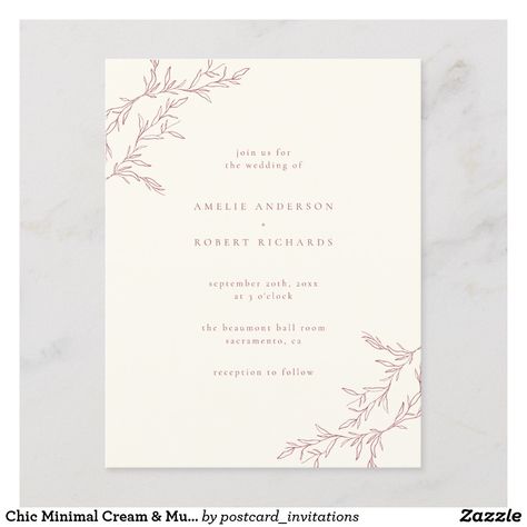 Chic Minimal Cream & Muted Red Foliage Wedding Invitation Postcard Simple Floral Wedding Invitations, Wedding Bingo, Wedding Stationary Design, Samantha Wedding, Postcard Wedding Invitation, Bridal Shower Bingo, Minimal Wedding Invitation, Muted Red, Foliage Wedding