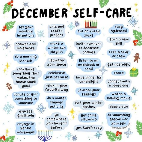 December Wellness Ideas, December Self Care Calendar, Christmas Self Care Ideas, Winter Self Care Ideas, December Routine, Christmas Instagram Ideas, December Awareness Month, December Self Care, Holiday Mindfulness