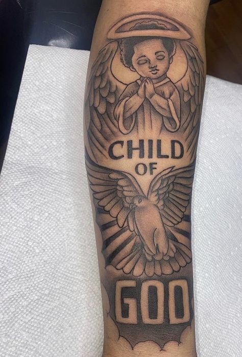 Black Angel Tattoo Men, Angel With Dreads Tattoo, Child Of God Tattoo, God Tattoos For Men, Black Angel Tattoo, Half Sleeve Rose Tattoo, Memorial Tattoo Ideas, Arm Tattoos For Guys Forearm, Word Tattoo Ideas