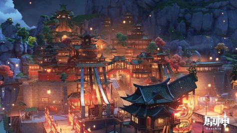 Liyue Scenery, Spencer Aesthetic, Liyue Harbor, Chinese Places, Japan Architecture, Art Gallery Wallpaper, Game Background, Fantasy City, Ap Art