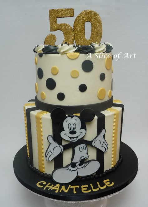 Edible image 50th Gold white and black themed birthday cake Mickey Mouse 50th Birthday, Mickey Mouse Cake For Adults, Black Gold 50th Birthday Cake, Black Themed Birthday, Birthday Cake Mickey Mouse, Mickey Mouse Cream Cake, Cake Mickey Mouse, Mickey Mouse Shaped Cake, Buttercream Mickey Mouse Cake