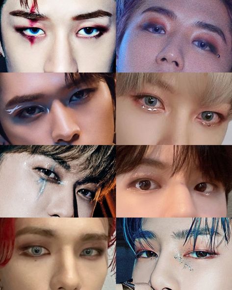 Stray kids really have the best makeup artist Skz Eye Makeup, Felix Makeup Looks, Straykids Eye Makeup, Makeup For Kpop Concert, Skz Makeup Looks, Hyunjin Eye Makeup, Stray Kids Inspired Makeup, Straykids Eyes, Kpop Male Makeup