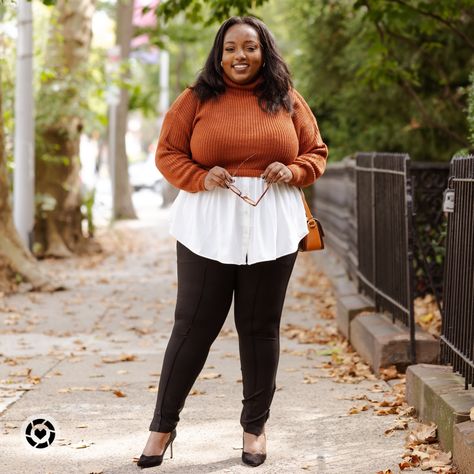 Plus Size Fall Outfit - 2 in 1 Sweater with button front detail. Moto ponte pants with side zipper. Suede pumps and leather crossbody Follow my shop @aspectsoftinsaye on the @shop.LTK app to shop this post and get my exclusive app-only content! #liketkit #LTKSeasonal #LTKplussize #LTKstyletip @shop.ltk https://liketk.it/4iJXE Plus Size Crop Sweater Outfit, Plus Size Fall Sweater Outfits, Sweater Over Button Up Outfit, Fall Plus Size Outfits For Work, Plus Size Sweater Outfits, Crop Sweater Outfit, Tan Sweater Outfit, Cropped Sweater Outfit, Style Hacks