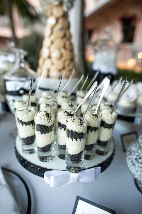 Featured Photographer: Samuel Lippke Studios; Wedding desserts ideas. Wedding Rehearsal Dinner Dessert Ideas, Rehearsal Dinner Dessert Ideas, Wedding Desserts Ideas, White Dessert Tables, Black And White Wedding Theme, White Desserts, Desserts Ideas, Dessert Bar Wedding, Impressive Desserts