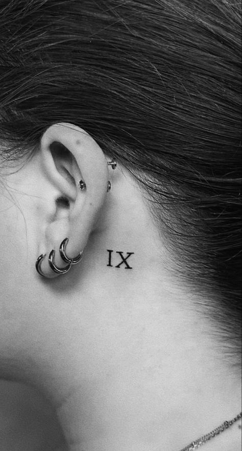 fine line tattoo, IX, 9, roman numeral tattoo, minimalist tattoo Behind The Ear Roman Numeral Tattoo, Roman Numeral 9 Tattoo, 9 Roman Numeral Tattoo, Roman Numerals Behind Ear, Roman Numerals Neck Tattoo, 13 In Roman Numerals Tattoo, 9 Roman Numeral, Roman Numeral 2 Tattoo, Roman Numeral Tattoo Behind Ear