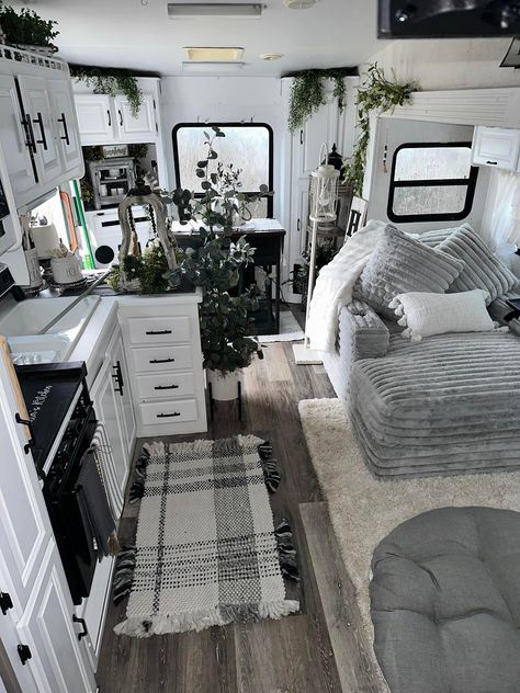 Grey Rv Interior, Gray And White Camper Interior, Cute Rv Decor, Camper Room Ideas, Trailer Remodel Ideas, Renovated Travel Trailer, Cozy Rv Decor, Rv Furniture Ideas, 5th Wheel Remodel