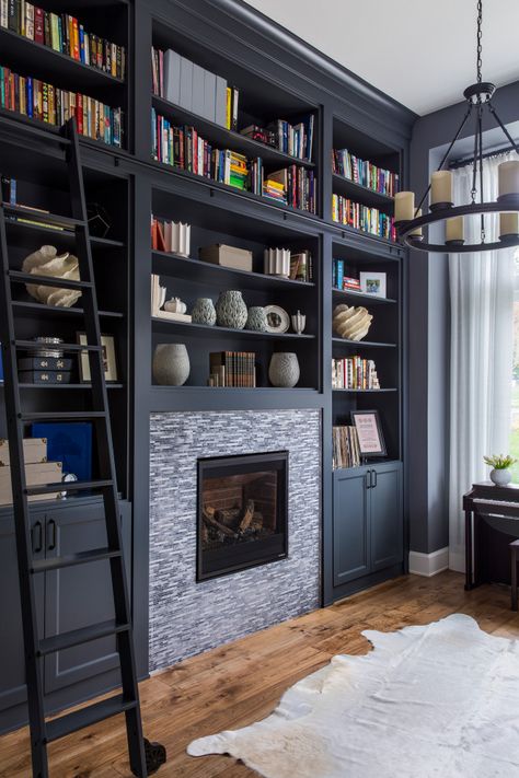 Lake Oswego - Transitional - Home Office - Portland - by Nifelle Design - Fine Interiors | Houzz Home Library Fireplace, Small Home Library Aesthetic, Celestial Library, Small Home Library Ideas, Moody Library, Shelves Around Fireplace, Home Library Aesthetic, Affordable Living Room Decor, Small Home Library