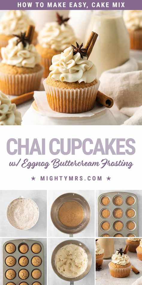 How to Make Chai Eggnog Cupcakes Taylor Swift Cookies, Eggnog Frosting, Eggnog Buttercream, Chai Cupcakes, Perfect Cupcake Recipe, Eggnog Cupcakes, Easy Holiday Dessert, Cinnamon Cupcakes, Cupcakes Easy