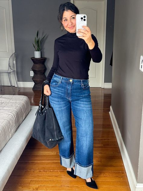 Cuffed Jeans Try-On: MOTHER, Kut From The Kloth & More Cuffed Jeans Outfit Winter, Cuff Jeans How To, How To Style Cuffed Jeans, Big Cuff Jeans Outfit, Cuffed Jeans Outfit 2024, Cuff Jeans Outfit, Cuffed Jeans Outfit, Wide Cuff Jeans, Denim Jeans Outfit