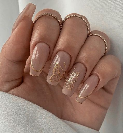 Gold Nail Inspiration, Gold Accent Nail, Gold Manicure, Gold Nail Designs, Nail Art Trends, Nude Nail Designs, Butterfly Nail Art, Simple Gel Nails, Gold Nail