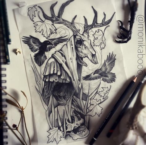 Witcher Sleeve Tattoo, Leshen Witcher Art, Wendigo Tattoo Ideas, Forest Creature Tattoo, Leshen Witcher Tattoo, Wendigo Tattoo Design, Wendigo Sketch, Cryptid Tattoo Ideas, Leshy Tattoo