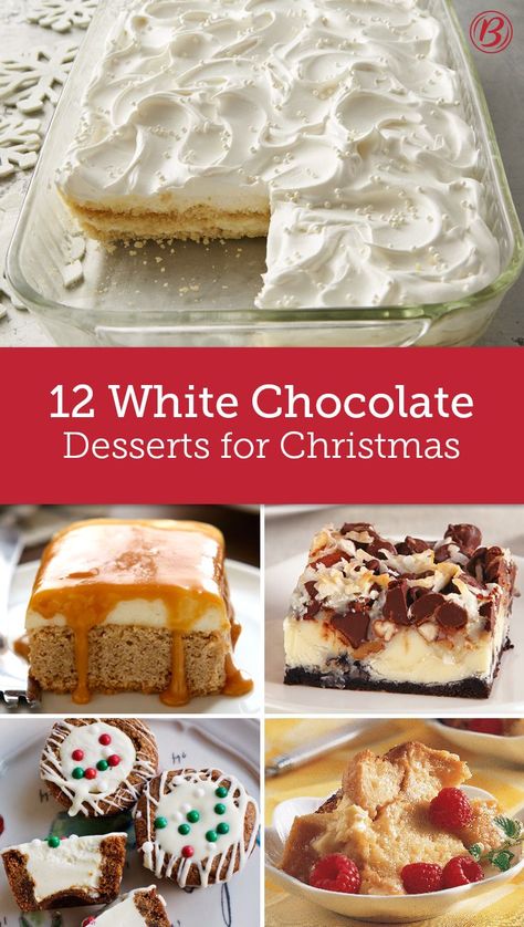 We love white chocolate desserts around the holidays. Pretty like snow and decadent in taste, it’s the perfect time of year to bake with white chocolate. Here are our favorite recipes that will have you dreaming of a white Christmas. White Chocolate Desserts Easy, British Christmas Desserts, Decadent Christmas Desserts, Healthy Christmas Baking, Christmas Chocolate Desserts, Holiday Potluck, White Chocolate Desserts, Christmas Dessert Recipes, Chocolate Deserts