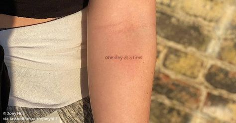 Fine Line Quotes, Inner Forearm, Typewriter Font, Time Tattoos, One Day At A Time, Little Tattoos, Simplistic Tattoos, Fine Line Tattoos, Line Tattoos