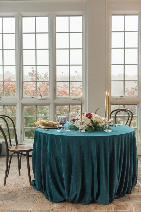 Turquoise Tablecloth, Round Wedding Tables, Woods Wedding, Setting Inspiration, Wedding Table Linens, Wedding Tablecloths, Table Setting Inspiration, Wedding Shot, Peacock Wedding