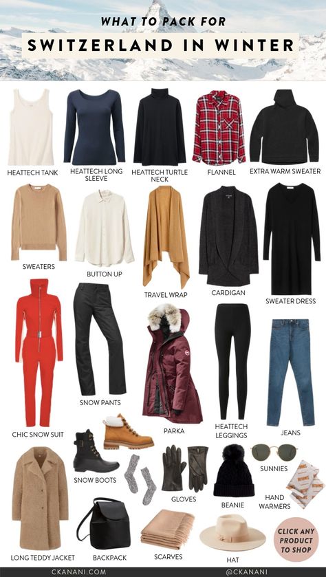 Winter Packing List: How to Pack for a Snowy Getaway — ckanani luxury travel & adventure Packing Winter Travel, Packing Outfits For Travel Winter, 2 Week Winter Packing List, Switzerland Travel Winter Outfit, Snow Travel Outfit, Snow Packing List, Winter Clothes List, What To Wear In Switzerland Winter, What To Wear In Norway Winter