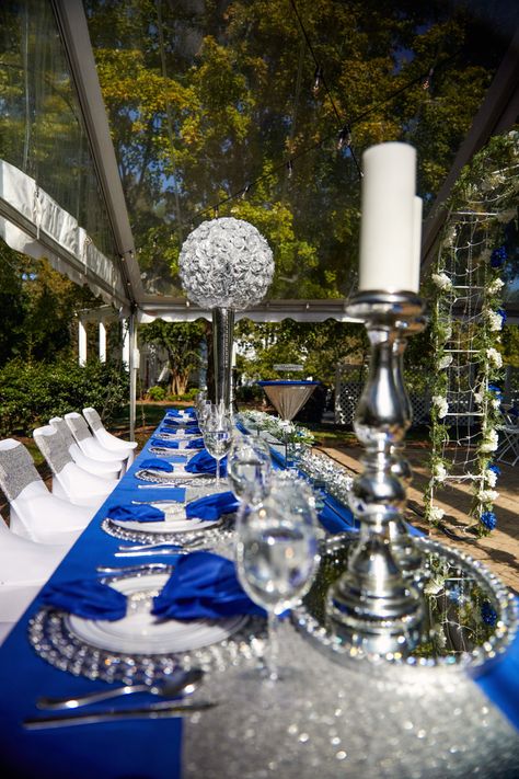 Bridal Party Table Decorations, Blue Silver Weddings, Celestial Wedding Theme, 78 Birthday, Blue Wedding Decorations, 45th Birthday, Event Hall, Celestial Wedding, Tea Party Decorations