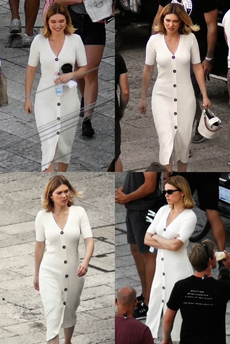 Léa Seydoux as Madeleine Swann on set of "No Time To Die". Madeline Swann Style, Lea Seydoux James Bond Outfits, Madeleine Swann Outfit, Madeline Swann, Soft Classic Outfit Ideas, Madeleine Swann, Lea Seydoux Style, Classic Kibbe, No Time To Die