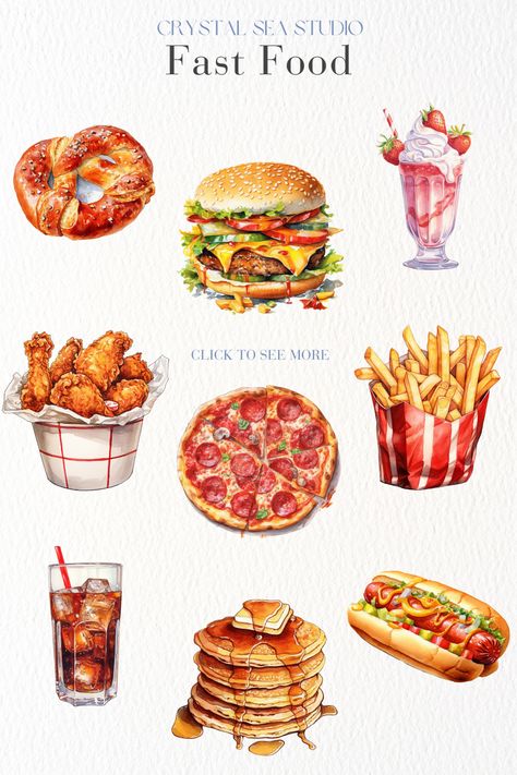 15 delightful clip art images of various Fast Food treats. Digital download. Fast Food Wallpaper, Food Watercolor Illustration, Funky Illustrations, Food Clip Art, Food Sticker, Food Clipart, Watercolor Food, Cute Fall Wallpaper, Food Clips