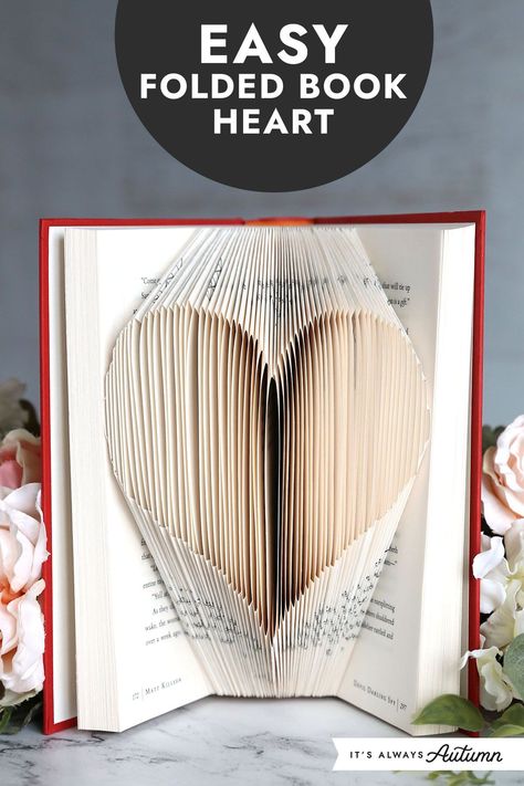 Turn an old hardback book into a cute Valentine's Day decoration with this heart book folding tutorial. Book Page Folding Patterns Free, Book Origami Folding, Diy Old Books Crafts, Folding Book Pages Free Pattern, Book Page Folding, Valentines Sculpture, Book Folding Patterns Free Templates, Book Folding Templates, Book Folding Patterns Free