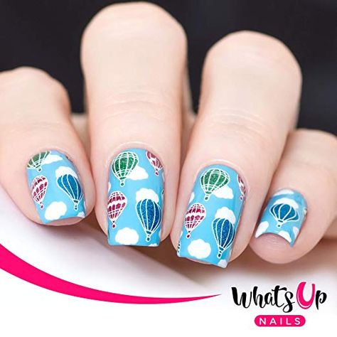 Amazon.com : Whats Up Nails - B042 Head in the Clouds Stamping Plate for Nail Art Design : Beauty Windmill Nail Art, Hot Air Balloon Acrylic Nails, Hot Air Balloon Nails, How To Draw Clouds On Nails, Hot Air Balloon Nail Designs, Blue Cloud Nail Designs, Nail Tape, Nail Stamper, Liquid Nails