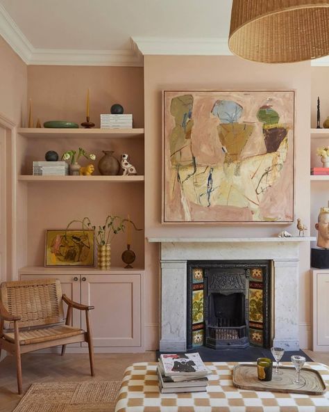 Cost Living Room, Living Room Study, Setting Plaster Farrow And Ball Living Rooms, Fireplace Alcove, Setting Plaster Living Room, Pink Sitting Room, Farrow And Ball Sulking Room Pink Living Room, Pink Lounge, Through Lounge Ideas