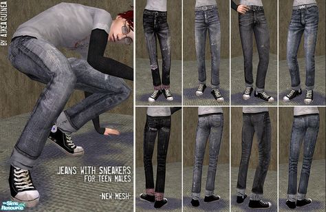 New mesh for teen males -- pants with sneakers. Set includes four different distressed jeans with two alphas each. Base game compatible, recolors of mesh welcome.  Found in TSR Category 'Sims 2... Jeans With Sneakers, Jeans And Sneakers Outfit, Sims 2 Cc, Sims 2 Games, Sims 4 Male Clothes, Ts2 Cc, Play Sims, Male Clothes, Male Clothing