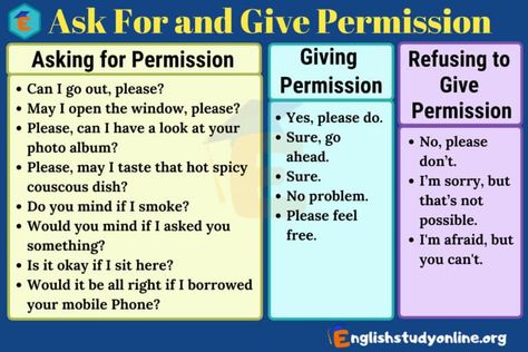 Different Ways of Asking For Permission and Responding - English Study Online Teaching Verbs, Grammar Tips, Before I Sleep, Sleep Early, Speaking Activities, Trying To Sleep, Esl Teaching, Student Teaching, English Study