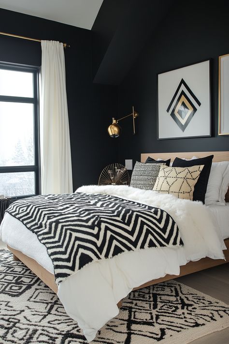 13 Black, White, And Gold Bedroom Designs You’ll Adore - DreamyHomeStyle Black White Gold Bedroom, White And Gold Bedroom, Black White And Gold Bedroom, White Guest Bedroom, White Gold Bedroom, Black White And Gold, Gold Bedroom, Bedroom Designs, Black White Gold