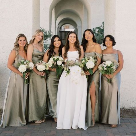 Moss Green Wedding, Moss Bridesmaid Dress, Olive Green Bridesmaid Dresses, Neutral Green, Satin Gowns, Bridesmaid Dress Collection, Green Themed Wedding, Bridesmaid Colors, Birdy Grey