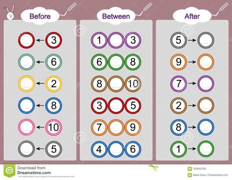 Illustration about What comes Before-Between and After, math worksheets for kids, write the missing numbers. Illustration of arithmetic, learning, background - 102645750 Spring Math Worksheets, Teaching Kids Letters, Math Worksheets For Kids, Kindergarten Math Worksheets Addition, English Worksheets For Kindergarten, Preschool Math Worksheets, Kids Worksheets Preschool, Numbers Kindergarten, Missing Numbers