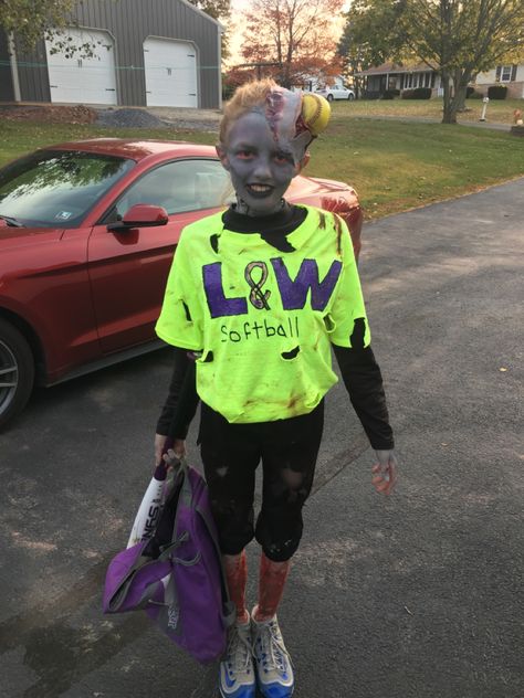 Softball Zombie Costume, Zombie Basketball Player Costume, Zombie Softball Player Costume, Zombie Makeup Ideas For Kids, Basketball Player Costume, Easy Zombie Makeup, Zombie Cheerleader, Zombie Costume, Brown Skin Makeup