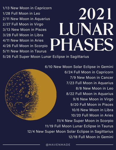 A list of lunar phases in 2021 with Astrological influences and eclipses noted. From Maven Made. Full Moon In Libra, Moon Chart, New Moon Phase, Moon Magick, Moon In Aquarius, Moon Rituals, Lunar Phases, Moon Journal, New Moon Rituals