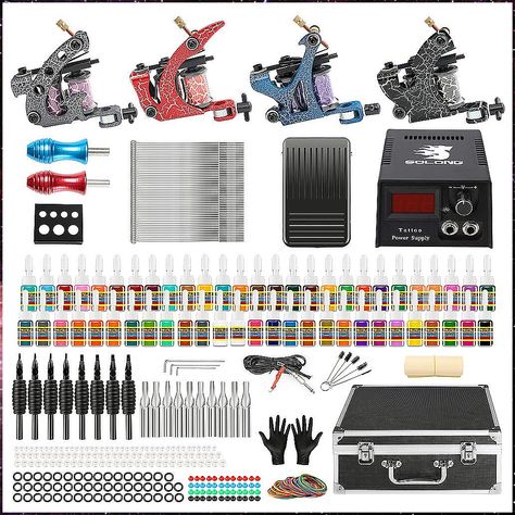 Solong Complete Tattoo Kit 4 Pro Machine Guns 54 Inks Power Supply Foot Pedal Needles Grips Tips Carry Case TK456-US Professional Tattoo Kits, Tattoo Ink Colors, Complete Tattoo, Coil Tattoo Machine, Tattoo Machine Kits, Beginner Tattoos, Tattoo Power Supply, 4 Tattoo, Tattoo Equipment