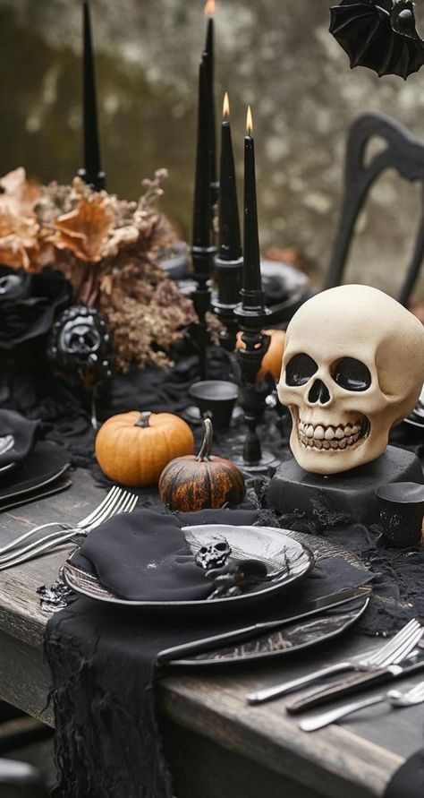 Halloween Party Candy Table, Spooky Table Decor, Black And Orange Table Setting, 2024 Halloween Trends, Spooky Tablescape, Spooky Table Setting, Halloween Party Table Setup, Spooky Halloween Dining Table Decor, Halloween Formal Dining Table