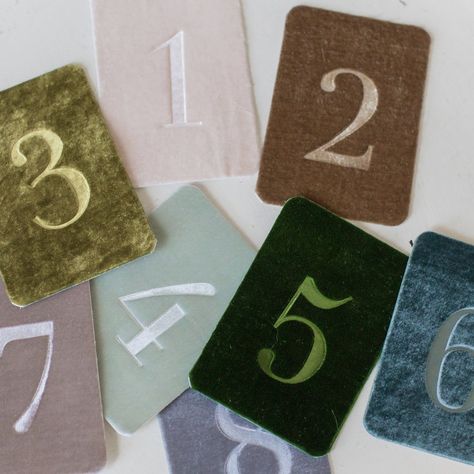 Table Numbers Modern, Velvet Table Numbers, Cool Table Numbers, Fabric Table Numbers, Embroidered Table Numbers, Linen Table Numbers, Thoughtful Wedding Details, Creative Table Numbers Wedding, Anthropologie Wedding Decor