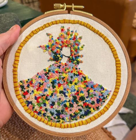 French knot embroidery piece of the flower costume from Midsommer. French Knot Flowers, French Knot Embroidery Motifs, Embroidery Dots French Knots, French Knot Embroidery Tree, Embroidery Flowers French Knot, Flower Costume, French Knot Embroidery, French Knots, French Knot