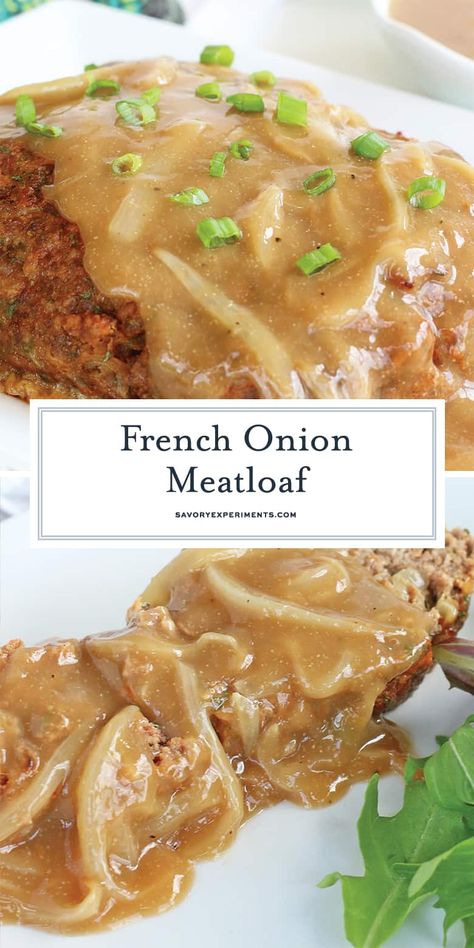 French Onion Meatloaf uses a blend of spices with caramelized onions and a savory onion gravy. The ultimate comfort meal. #frenchonionmeatloaf #homemademeatloaf #meatloafrecipe www.savoryexperiments.com French Onion Meatloaf, Savory Meatloaf, Homemade Meatloaf, Classic Meatloaf Recipe, Good Meatloaf Recipe, Best Meatloaf, Onion Gravy, Meatloaf Recipe, Minced Meat