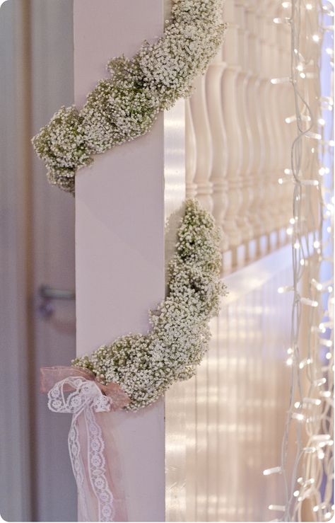 gypsophila garland Gypsophila Garland, Gypsophila Wedding Bouquet, Church Aisle Decorations, Wedding Church Aisle, Flower Arranging Class, Gypsophila Bouquet, Gypsophila Wedding, July Wedding, Wedding Aisle