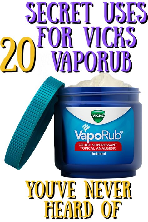 Vicks can be used for skin ailments like athletes foot, eczema or toenail fungus. It can even be used as a bug repellent and helps relieve sore muscles. Read on to learn all the weird 20 uses for Vicks VapoRub. Vic Vaporub, Vapo Rub Uses, Vapo Rub, Vicks Vapor Rub, Vicks Vapor, Chesty Cough, Vicks Vaporub Uses, Chest Rub, Uses For Vicks